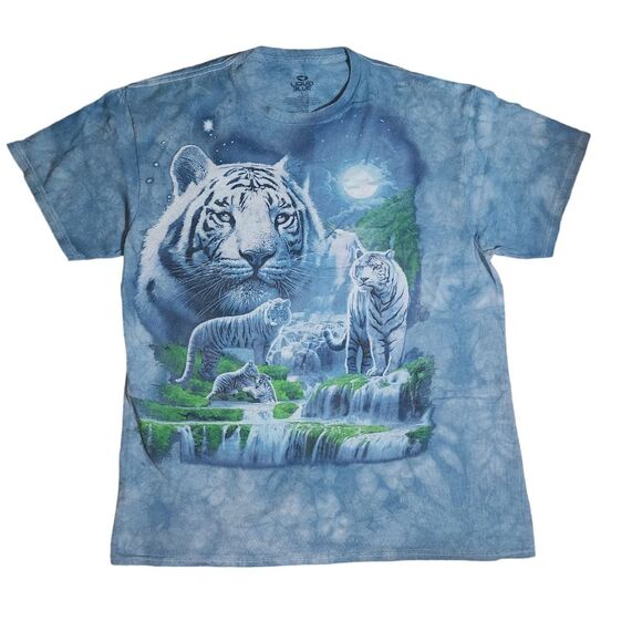 Vintage Liquid Blue Moonlit White Tiger on Blue Tie-Dyed Short Sleeve Tee Size L - Picture 1 of 8